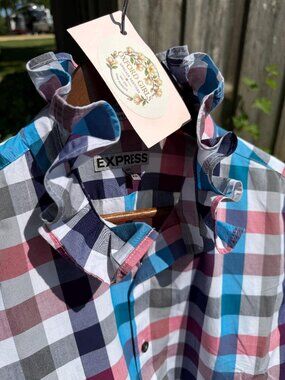 Express bold check upcycled blouse - ruffle collar - cottagecore - size L